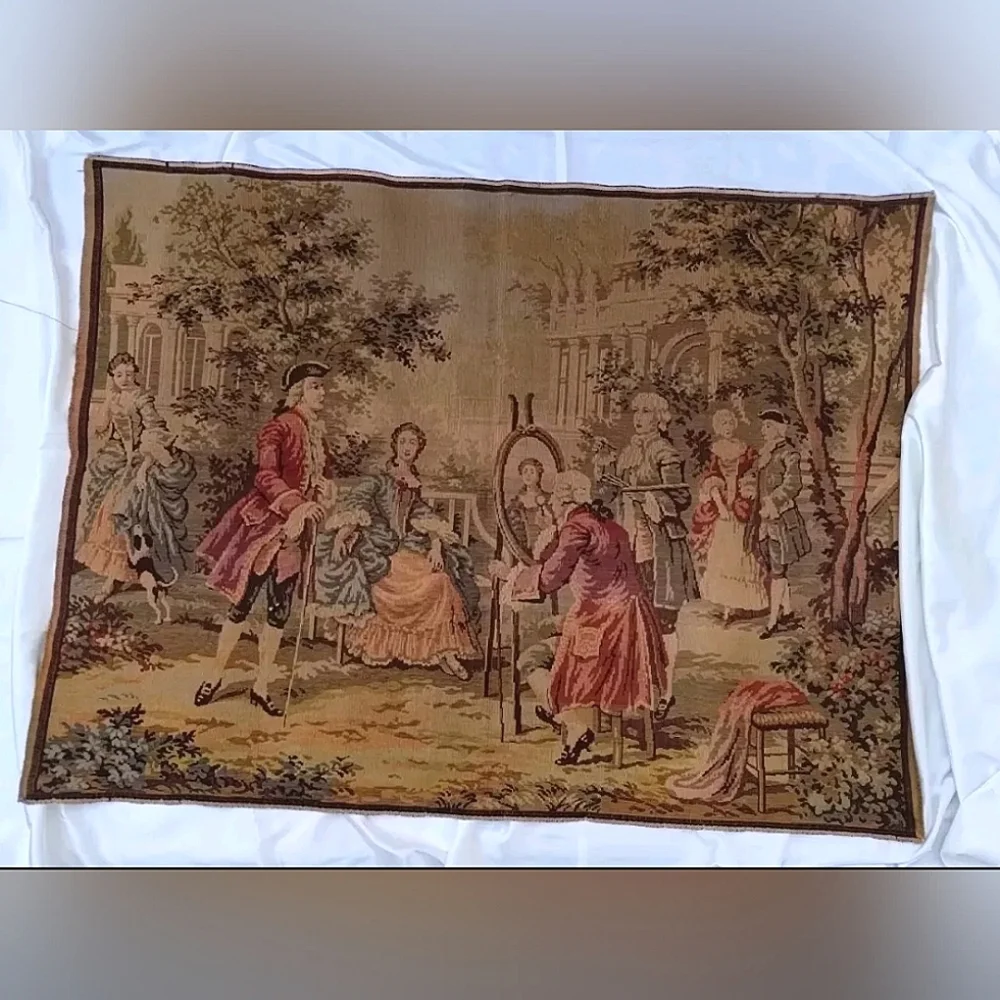 Antique Woven Tapestry Wall Hanging Romantic Baroque Painting Scene Belgium Wool